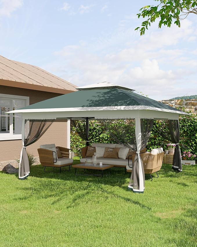 Canopy Tent 12x12 ft, Pop Up Gazebo One-Push Setup with 4 SandBags for Backyard Parties and BBQs, Mosquito Netting & Height Adjustable - Green