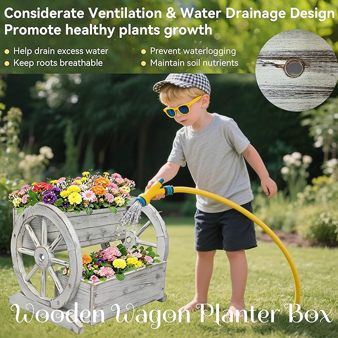 NestNature Wooden Wagon Planter Box,Raised Garden Bed,Decorative Garden Planters with Wheels-Outside Flower Pots for Indoor/Outdoor Décor Plants (Antique White)