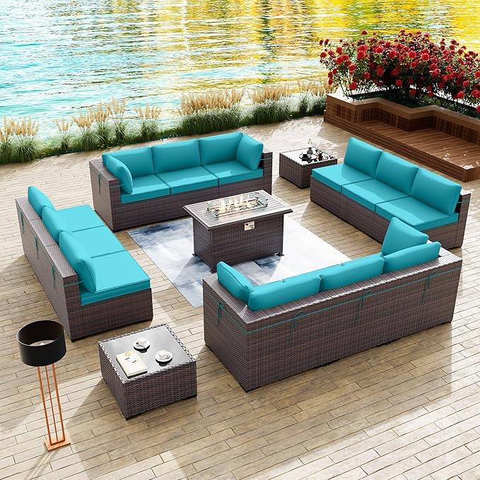 Kullavik 15 Pieces Outdoor Patio Furniture Set with 43" 55000BTU Gas Propane Fire Pit Table PE Wicker Rattan Sectional Sofa Patio Conversation Sets,Blue