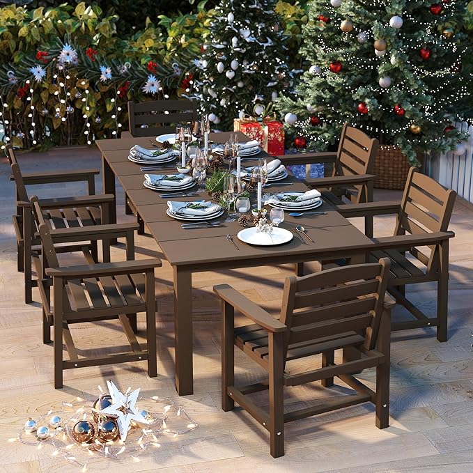 5-Piece Brown Outdoor Dining Set with White 11FT Large Patio Umbrella, 75.2'' HDPE Table & Chairs for 8, Weather-Resistant Furniture with Umbrella Hole for Patio, Lawn, Poolside