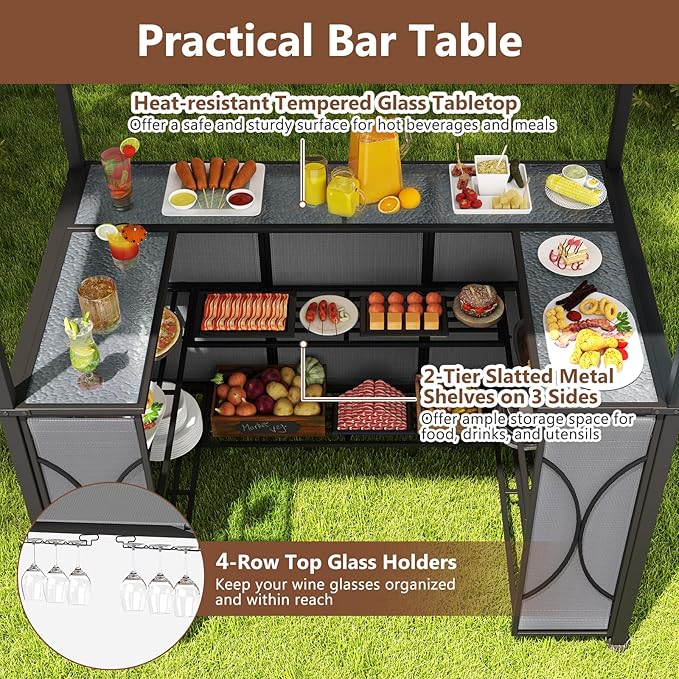 Tangkula 3-Piece Patio Bar Set, Grill Gazebo & 2 Bar Stools with Tempered Glass Bar Table, Metal Storage Shelves, Glass Holders, Double-Tier Soft Top Canopy BBQ Gazebo Shelter for Patio Garden (Grey)