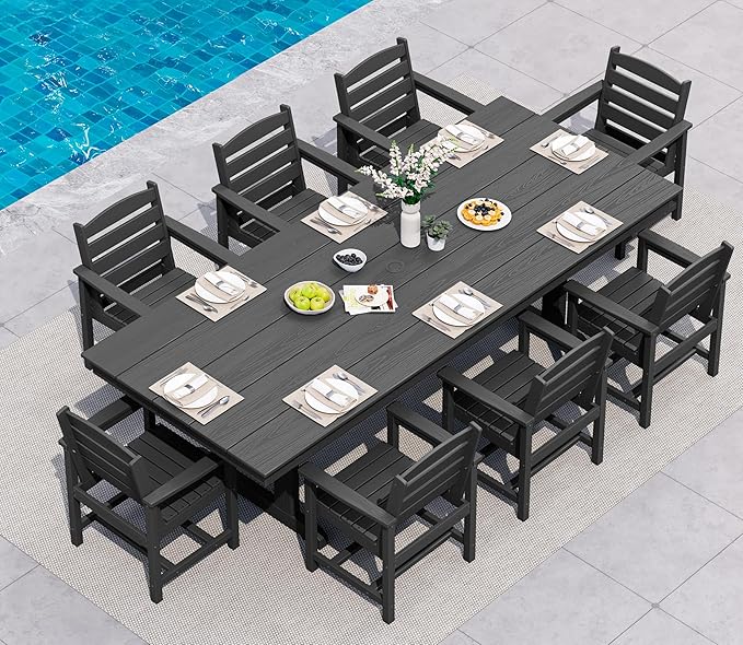 SERWALL 9 Piece Outdoor Dining Set, 84" HDPE Outdoor Table and Chairs for 8，All Weather Patio Furniture Set with Umbrella Hole for Backyard, Garden, Black
