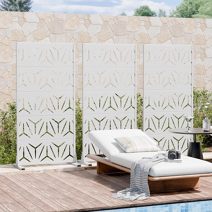 Casaphoria Metal Privacy Screen Outdoor, 60" H x 30" W Freestanding Decorative Privacy Screen for Patio Deck Balcony Garden with Stable Base, White-Star