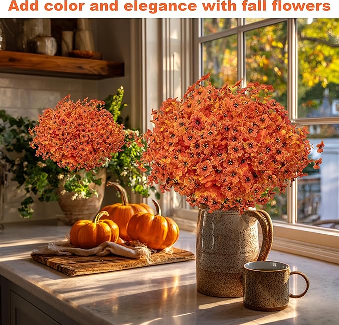 Artificial Fall Flowers Outdoor Fake Mums - 16 Bundles Fake Plants UV Resistant No Fade Faux Plastic Greenery Garden Porch Patio Fall Home Decor (Orangeyellow)