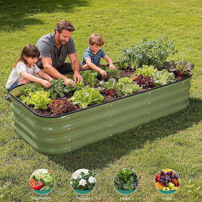 3 in 1 Galvanized Raised Garden Bed - 4x2x1ft Modular Garden Planter Bed Outdoor | Steel Raised Bed Kit with Bracing Rods, Gloves for Gardening Vegetables Fruits and Flowers (Green)