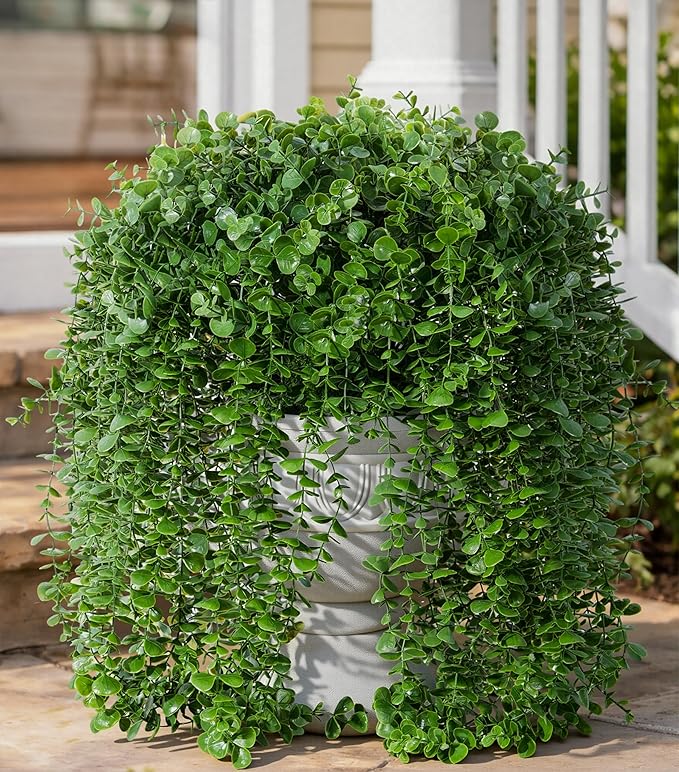 Faux Outdoor Plants Fake Hanging Plants for Outdoors Outside Decorations, 2 Pcs Green Faux Eucalyptus Vines Realistic UV Resistant Artificial Greenery for Planters Porch Garden Yard Front Door Patio