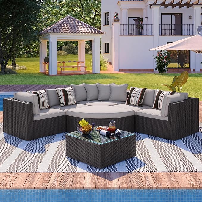 Merax 7-Piece Outdoor Wicker Sectional Sofa Set,Modular Rattan Conversation Set with Gray Cushions,Striped Green Pillows & Tempered Glass Coffee Table for Patio,Garden,Deck,Brown