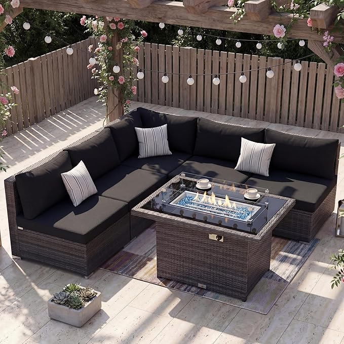 NICESOUL 6 Piece Modern L-Shaped Outdoor Sectional with Firepit Natural Gas/Propane, 29.3'' High Back Wicker Patio Furniture Set, Oversized Conversation for Exterior, 2 Color Cushion Black & Gray