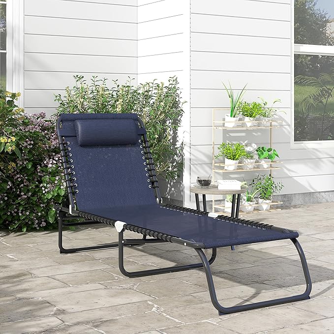 Outsunny Folding Chaise Lounge Chair, Patio Sun Tanning Chair, Outdoor Chaise Lounger with 4-Position Reclining Back, Breathable Mesh Seat for Beach, Poolside, Yard, Dark Blue