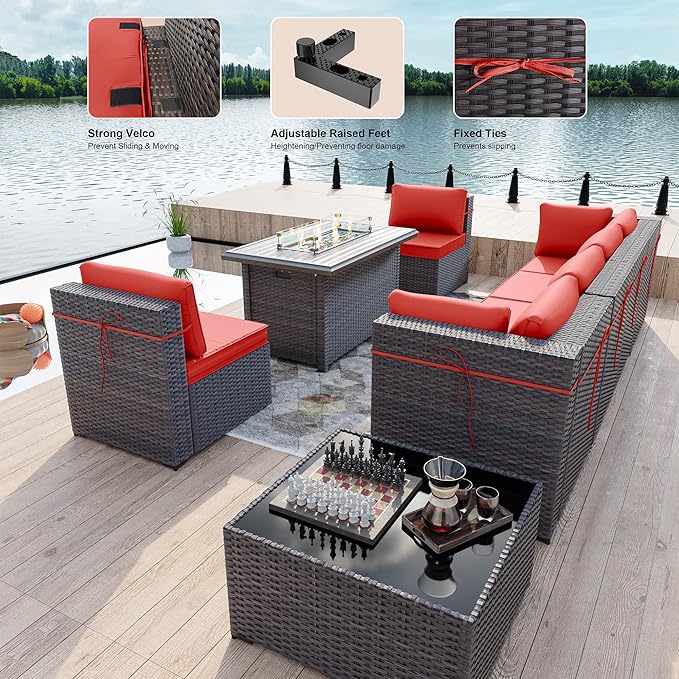 Kullavik 8 Pieces Outdoor Patio Furniture Set with 43" 55000BTU Gas Propane Fire Pit Table PE Wicker Rattan Sectional Sofa Patio Conversation Sets,Red