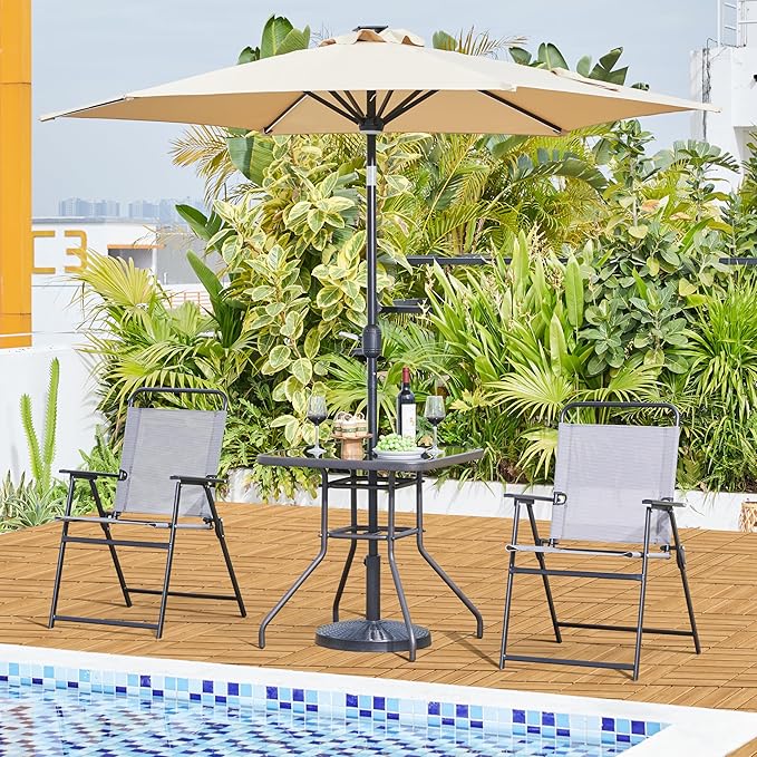 Yaheetech Outdoor Bistro Table with Umbrella Hole, 28in Patio Square Dining Table w/Silk Printing Glass Top, Weather-Resistant Patio Table for Garden Poolside Balcony Backyard, Black