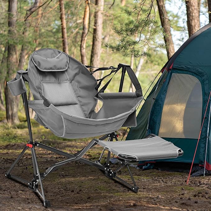 Ainfox Hammock Camping Chair with Footrest, Foldable Portable Rocking Chairs for Adults Outside Swinging Camp with Cup Holder Pillow for Outdoor Patio Poolside (Dark Grey)