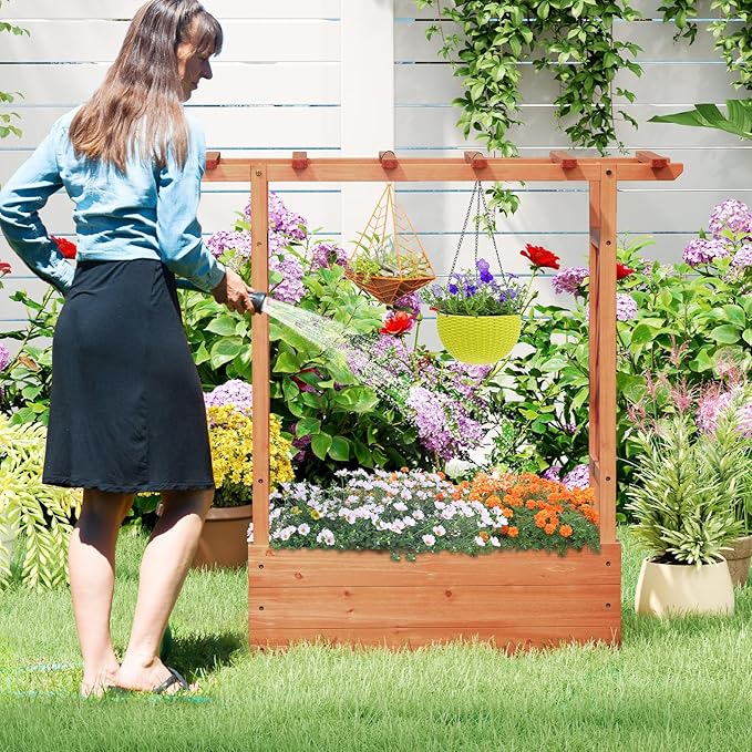 Giantex Set of 2 Raised Garden Bed with 2-Sided Trellis & Hanging Roof, Fir Wood Planter Box w/Drainage Holes, Freestanding Garden Planter for Flowers Herbs Climbing Vines (43"x15"x45")