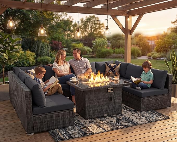 NICESOUL 9 Piece Modern Outdoor Furniture Set with Fire Pit Table, 8 Seat L-Shaped Extra Large Sectional Sofa Sets, 29.3'' High Back Comfy Modular Wicker Conversations, Natural Gas & Propane, Grey
