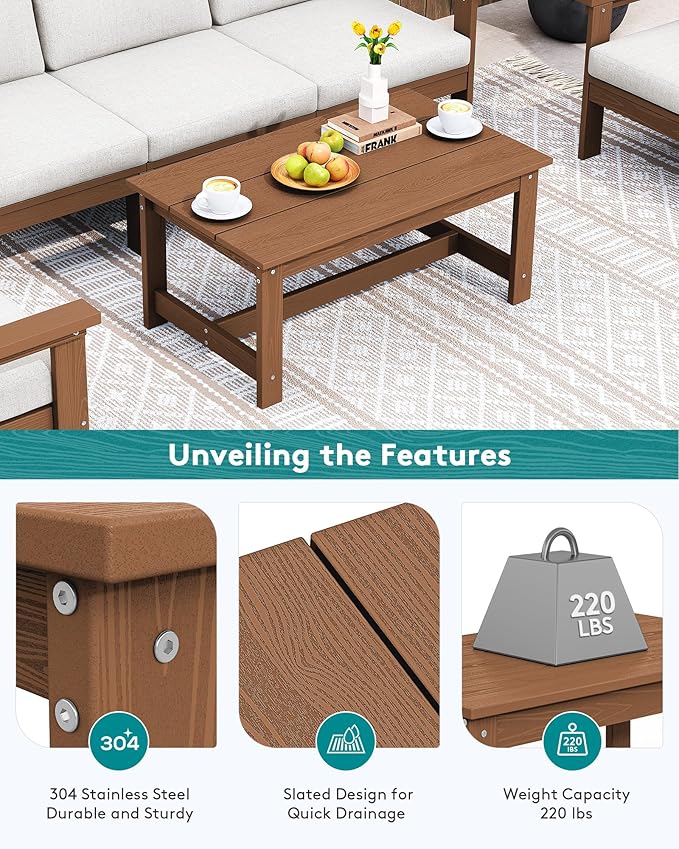 SERWALL HDPE Patio Coffee Table, Rectangle Outdoor Coffee Table, All-Weather Coffee Side Table for Balcony, Poolside, Deck, Garden, Brown