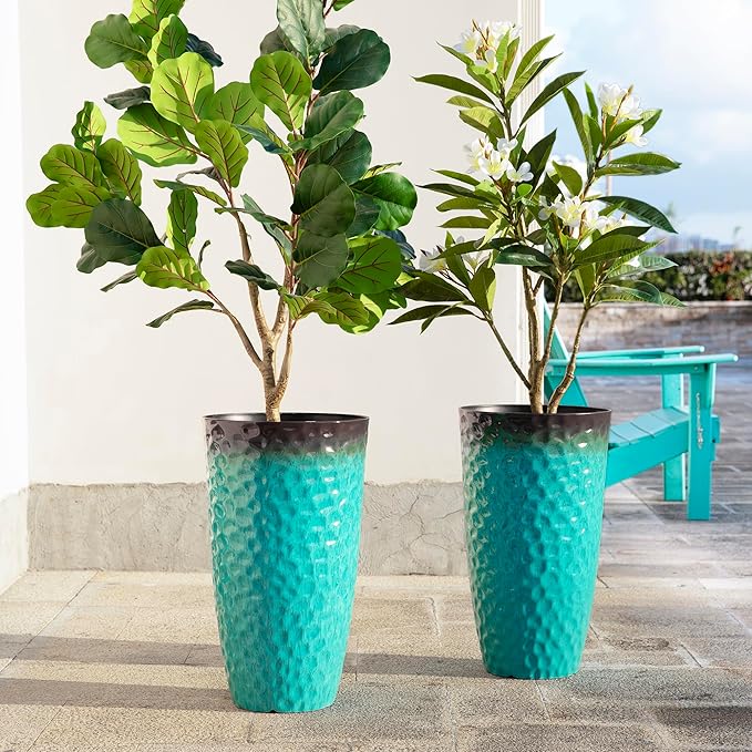 Glitzhome 23.75" H Large Planters for Outdoor Plants,Set of 2 Plastic Tall Outdoor Planters with Drainage Holes,Honeycomb Textured Gradient Turquoise Finish, Large Flower Pots for Front Porch Indoor