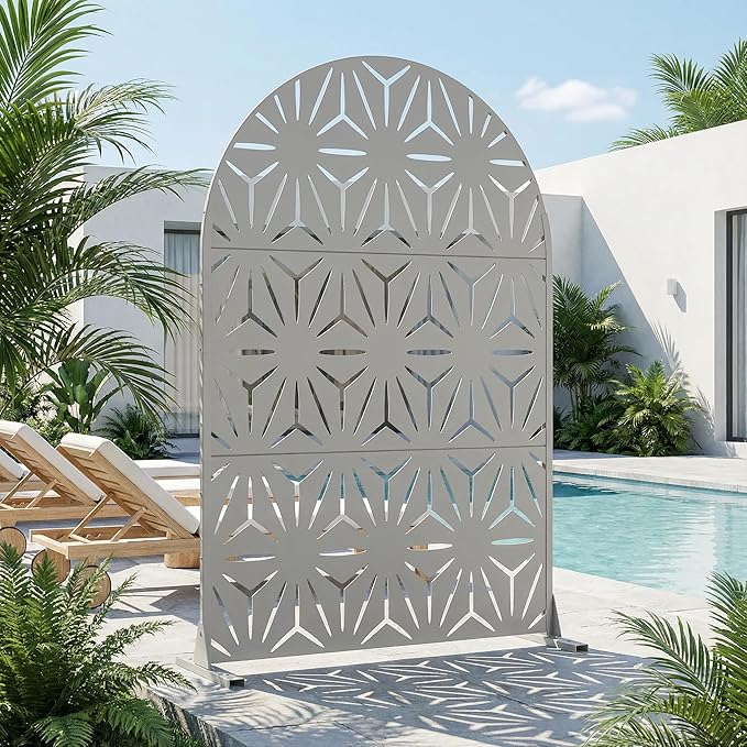 Casaphoria Metal Privacy Screen Outdoor, 72" H x 47" W Arched Freestanding Decorative Privacy Screen for Patio Deck Balcony Garden with Stable Base,Grey-Star