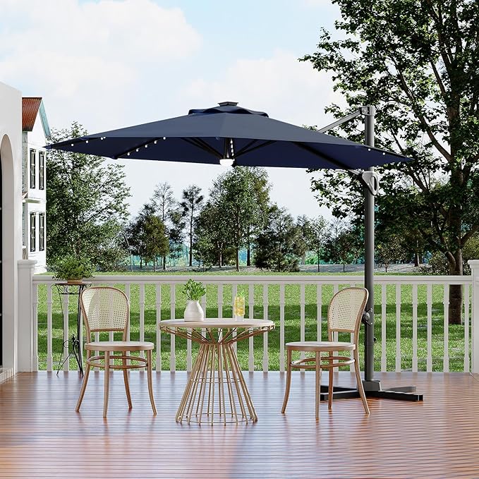 Garvee 10 ft Cantilever Patio Umbrella with Solar Lights, 360° Rotation Offset Umbrella, Easy Crank & Tilt Adjustment, UV Protection for Backyard, Poolside, Deck -Navy Blue