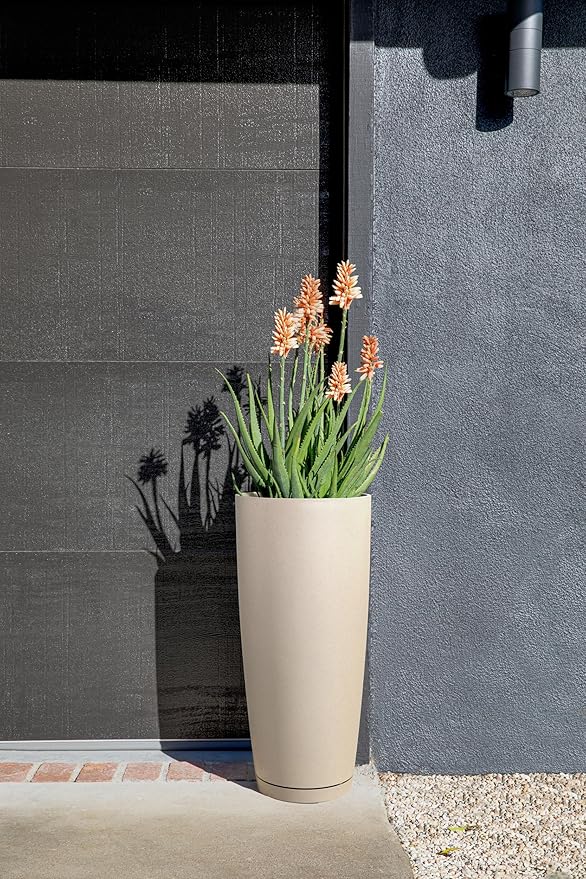 Veradek Vega Round Tall Planter Pots for Indoor/Outdoor Use | Made from Plastic - Stone Mix with Drainage Holes | Perfect for Small to Large Succulent Plants, Flowers, Modern Interior Plants