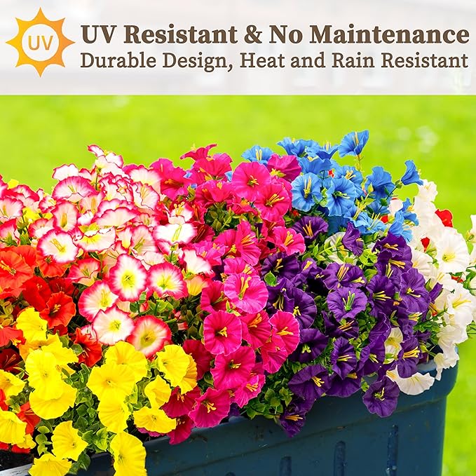 16PCS Artificial Fake Flowers for Outdoors/Indoors, Faux Silk Colorful Morning Glory with Eucalyptus, UV Resistant Realistic Floral Arrangement for Garden Porch Window Box Home Balcony Yard (8 Colors)