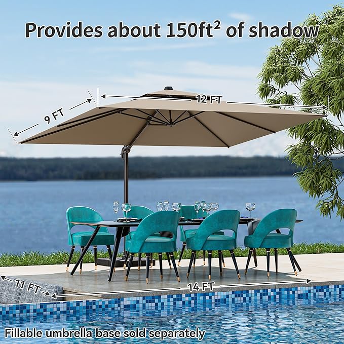 9x12FT Cantilever Patio Umbrella - Heavy Duty Double Layer Offset Design with 360° Rotation, Large Rectangle Sun Shade Umbrella for Garden, Deck, Pool, Backyard, Brown