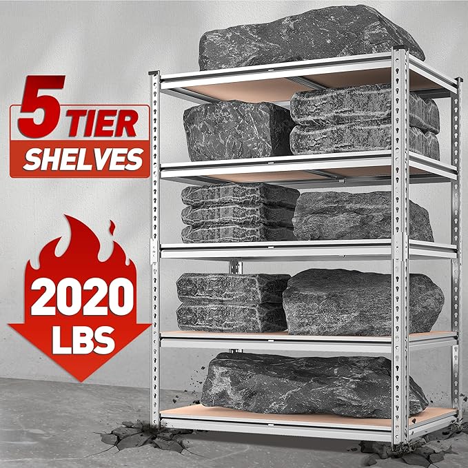 REIBII 2020LBS Garage Shelving Heavy Duty 5 Tier Storage Shelves Adjustable Metal Shelving for Basement, Warehouse, Pantry, Closet, Kitchen, Easy Assembly, 72" H x 35.55" W x 16" D, Galvanized