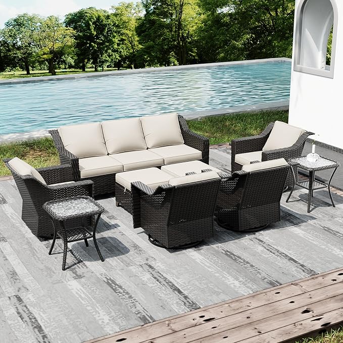 Joyside Wicker Patio Furniture Sets, 9 Pieces Upgraded Large Size Outdoor Furniture with 4 Swivel Rocking Patio Chairs, 3-Seat Sofa, Outdoor Ottoman, Thick Cushions, Wide Armrest, Beige