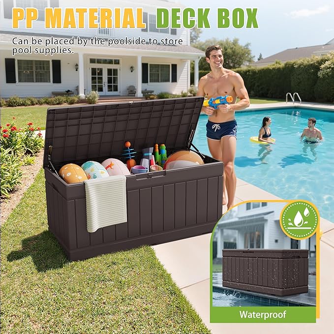Greesum Outdoor Storage Box 82 Gallon Storage Bin with Lid for Patio Furniture, Garden Tools, Pool Supplies, Waterproof and UV Resistant, Lockable, Dark Brown