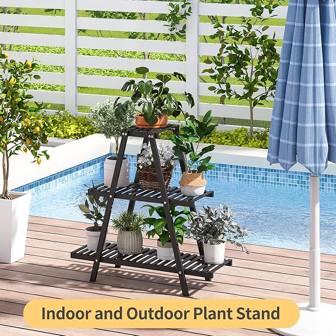 Bamboo Plant Stand Indoor/Outdoor, 3-Tier, Black, Rectangular, 8 Potted Flower Holder Ladder Plant Rack
