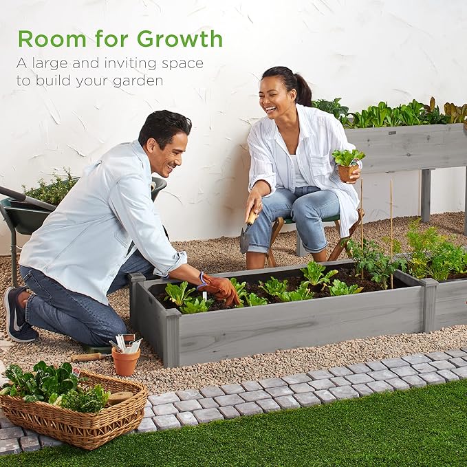 Best Choice Products 8x2ft Outdoor Wooden Raised Garden Bed Planter for Vegetables, Grass, Lawn, Yard - Gray