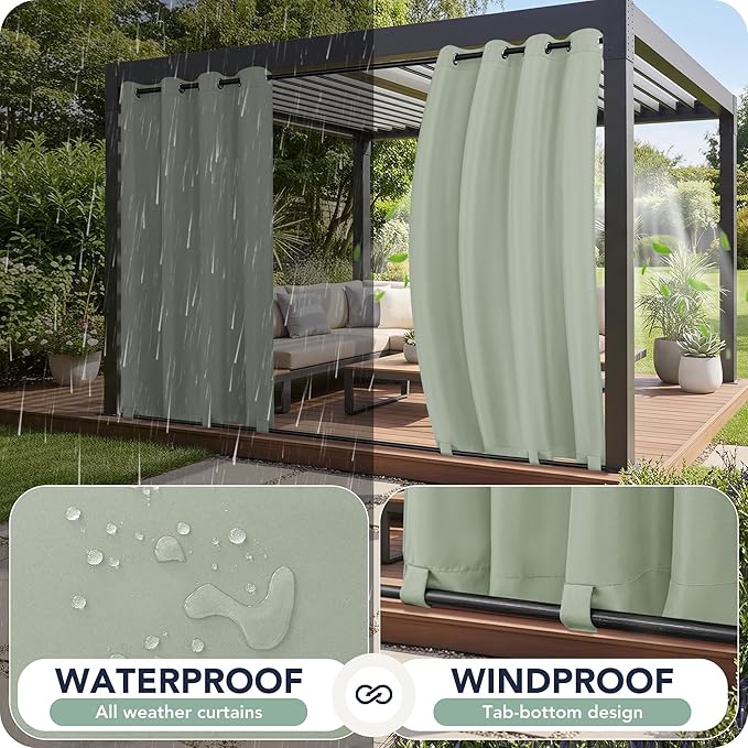 Outdoor Curtains for Patio Waterproof 6 Panels - Windproof, Privacy, Weatherproof Outside Drapes for Gazebo Pergola Porch, Grommet Top and Tab Bottom, 54x108 Inch, Sage Green