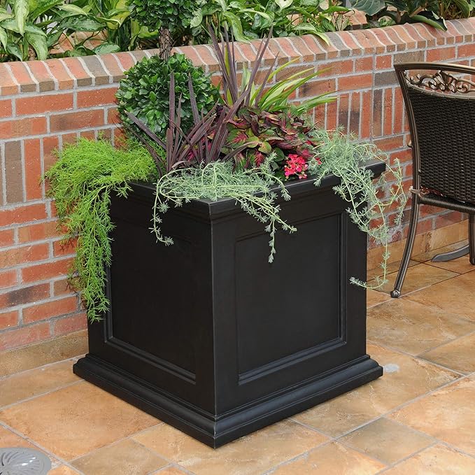 Mayne Fairfield 28-Inch Square Planter – Weather-Resistant Planter for Flowers – Durable Indoor/Outdoor Design for Commerical, Patio, Porch, or Entryway, Black