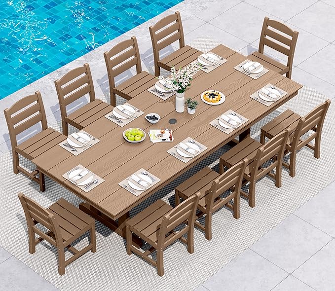 SERWALL 11 Piece Outdoor Dining Set, 84" HDPE Outdoor Large Dining Table and Chairs Set for 10，All Weather Patio Dining Furniture Set with Umbrella Hole for Backyard, Garden, Brown