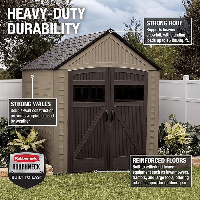 Rubbermaid Resin Outdoor Storage Shed with Floor (7 x 7 Ft) Weather Resistant, Brown Gable, Organization for Home/Backyard/Garden Tools/Lawn Mower/Bike Storage/Pool Supplies