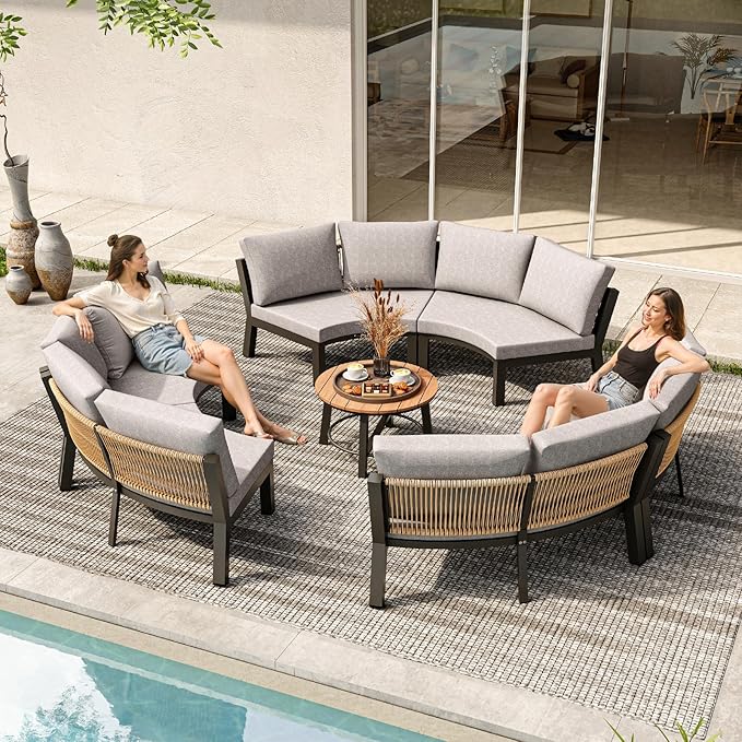 Outdoor Patio Furniture Set, 4 Piece Half Moon Aluminum Patio Conversation Sets Curved Sofa with PE Rope, All-Weather Sectional Furniture Set with Modular Coffee Table & Cushions, Gray