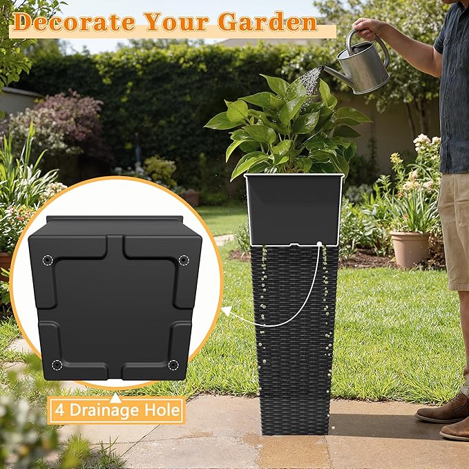 Greesum 32 Inch Tall Plastic Planters with Rattan Texture – Set of 2, Detachable Inner Pot & Drainage Holes, Indoor/Outdoor Decorative Flower Pots for Large Plants, Trees, Patio, and Garden, Black