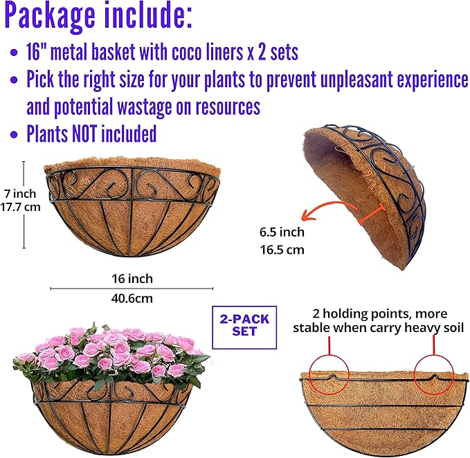LaLaGreen 16 Inch Wall Hanging Planters - 2 Pack, Large Wall Mounted Flower Basket with Coco Liner, Black Metal Horse Trough Window Herb Pot Holder Outdoor Plants Fence Rail Railing Deck Porch Balcony