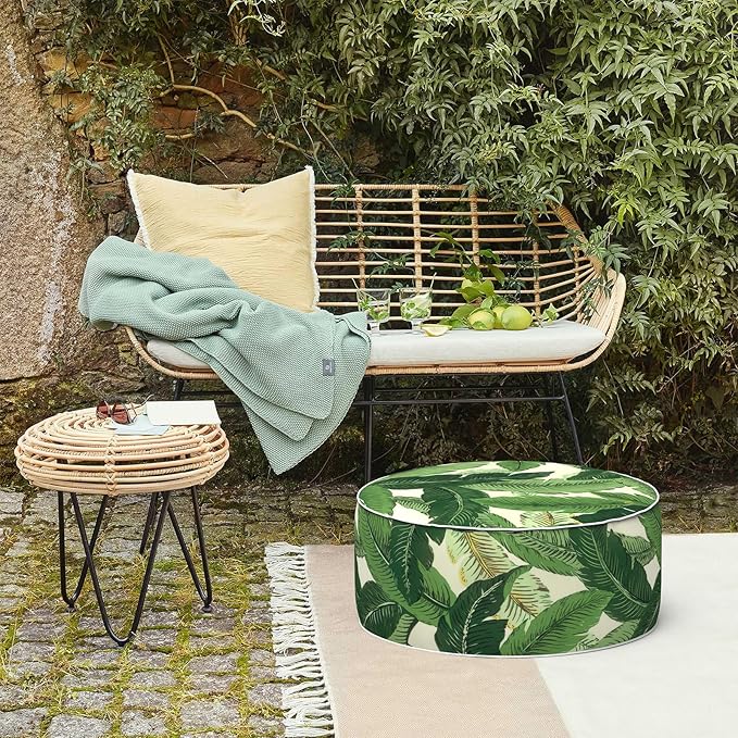 LVTXIII Outdoor/Indoor Round Inflatable Ottoman, All Weather Patio Footstool, Portable Footrest Seat for Patio Garden, Camping or Home, 21"x21"x9", Swaying Palms Green