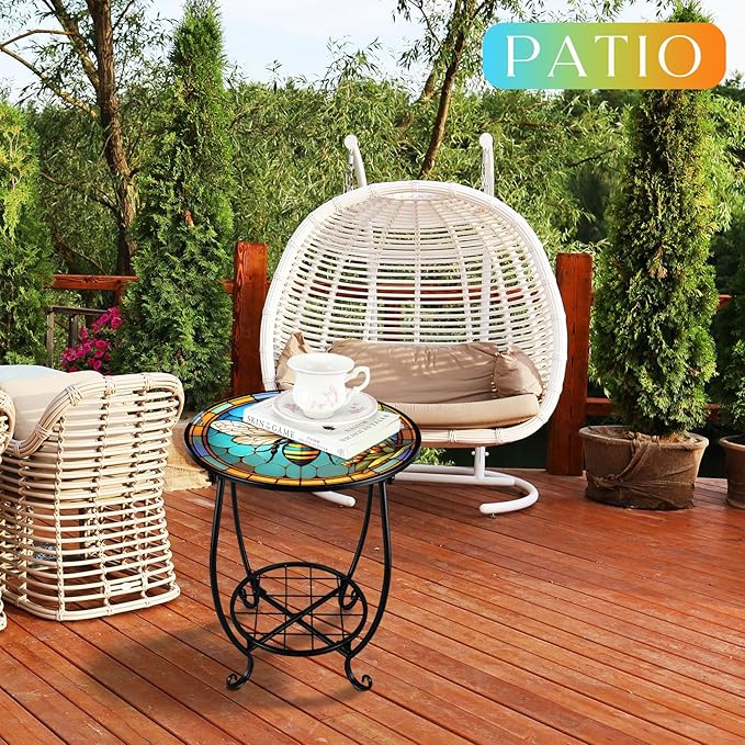 Outdoor Side Table Round Small Mosaic Patio Accent Indoor End Plant Coffee Tea Table for Yard Patio Porch Garden Living Room, Bedroom(Bee Style,14 Inch)