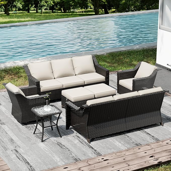 Joyside Wicker Patio Furniture Sets, 7 Pieces Upgraded Large Size Outdoor Furniture with Swivel Rocking Patio Chairs, Two 3-Seat Sofa, Outdoor Ottoman, Thick Cushions, Wide Armrest, Beige