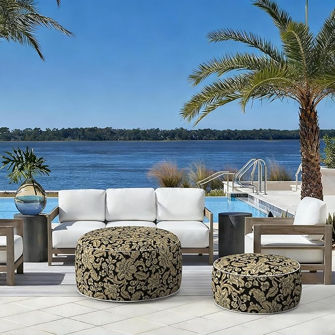 LVTXIII Indoor/Outdoor Inflatable Ottoman with Handle D21 x H9 Inch, Weather-Resistant Round Footstool Pouf for Patio Camping Living Room, Portable Footrest Extra Seating, Jacobean Black