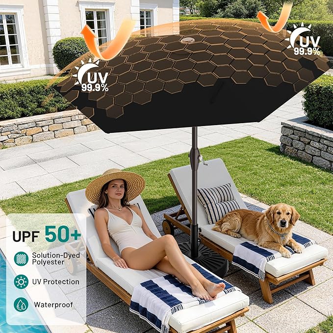 AreShark 7.5FT Patio Umbrella Table Market Umbrella with 6 Sturdy Ribs, Button Tilt/Crank, Heavy-Duty Outdoor Umbrellas for Pool, Deck, Garden and Backyard, Black