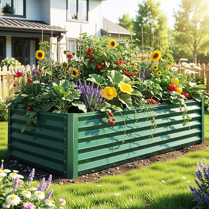 YITAHOME 6x3x1.5 ft Galvanized Raised Garden Bed Kit, Large Metal Planter Box with Gloves & Support Rod, Outdoor Flower Bed for Plants Vegetables, Green