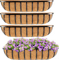 HFHOME 4 Pcs 24" Window Box Deck Railing Planter with Horse Trough Coco Liners, Black Metal Hanging Flower Planters Baskets for Indoor, Outdoor, Balcony, Porch, Fence, Patio, and Lawn