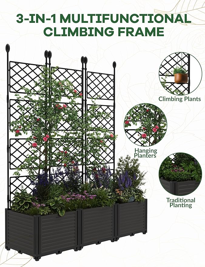 3 PCS Raised Garden Bed with Trellis & Privacy Screen, 50"w x 63"Tall Vertical Garden Planter Box for Climbing Plants - Sturdy Lightweight Outdoor Planter for Vegetables, Flowers on Patio, Balcony