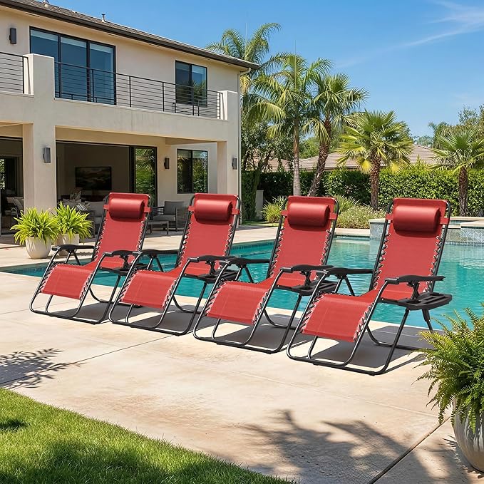 Homall Zero Gravity Chair Patio Folding Lawn Outdoor Lounge Gravity Camp Reclining Lounge Chair with Cup Holder Pillows for Poolside Backyard and Beach Set of 4 (Red)