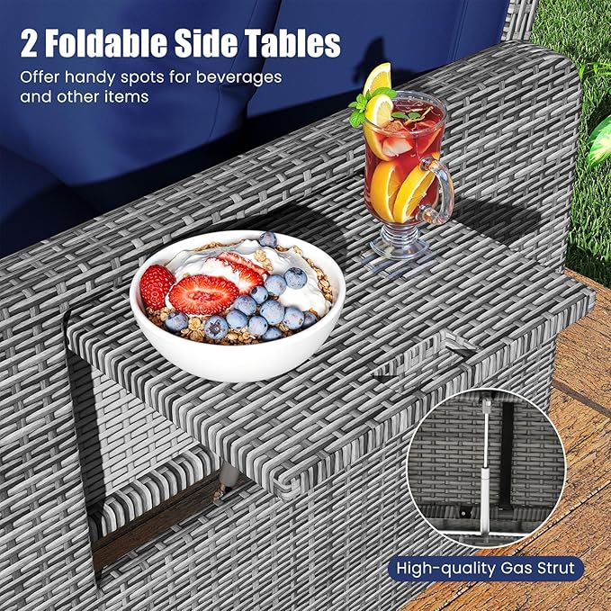 Tangkula Patio Rattan Daybed with 4-Level Adjustable Backrest, Outdoor PE Wicker Loveseat with Storage Ottoman & Folding Side Table, Double Sunbed for Balcony, Backyard & Poolside, Navy & Grey