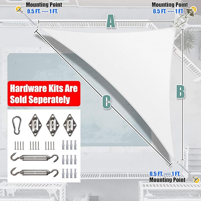 Amgo Custom Size 8' x 9' x 12' White Right Triangle Sun Shade Sail Order to Make Canopy Awning UPF50+ AGSLT, 95% UV Blockage, Water & Air Permeable, 200GSM Commercial Standard (We Customize)