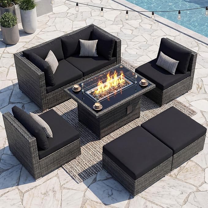 NICESOUL 7 Piece Outdoor Patio Sectional Furniture Set with Firepit Natural Gas/Propane, 29.3'' High-Back Comfy Conversations for Outside, Oversized Wide Wicker Couches, 2 Color Cushion Black & Gray