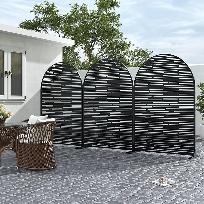 Casaphoria 72" H x 47" W Arched Metal Privacy Screen - Elegant Freestanding Outdoor Screen for Deck, Patio & Balcony - Versatile Decorative Privacy Panels for Home & Garden Use，Black-Shine